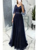 Navy Blue Sparkly Long Tulle Prom Dress With Puffy Sleeves Beaded Waist
