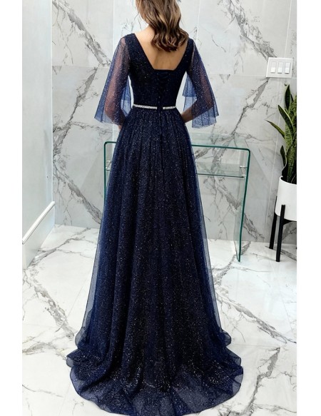 Navy Blue Sparkly Long Tulle Prom Dress With Puffy Sleeves Beaded Waist