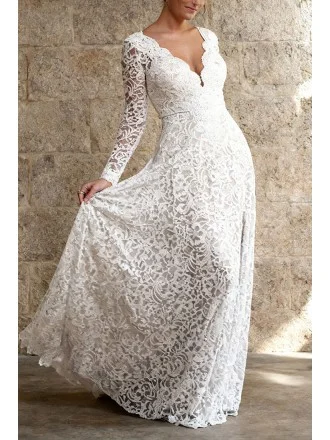 Exquisite White Lace Wedding Dress With Long Sleeves And V Neckline