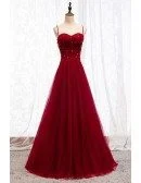 Burgundy Slim Long Tulle Formal Dress With Straps