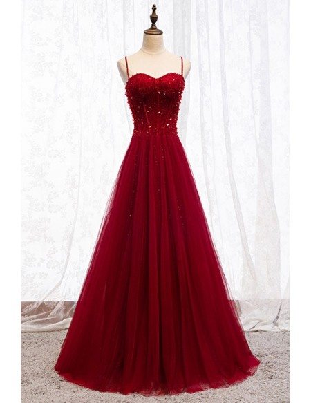 Burgundy Slim Long Tulle Formal Dress With Straps