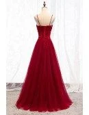 Burgundy Slim Long Tulle Formal Dress With Straps