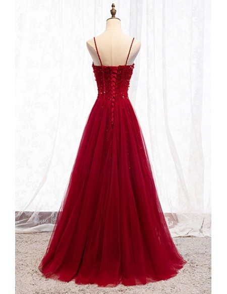 Burgundy Slim Long Tulle Formal Dress With Straps