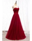 Burgundy Slim Long Tulle Formal Dress With Straps