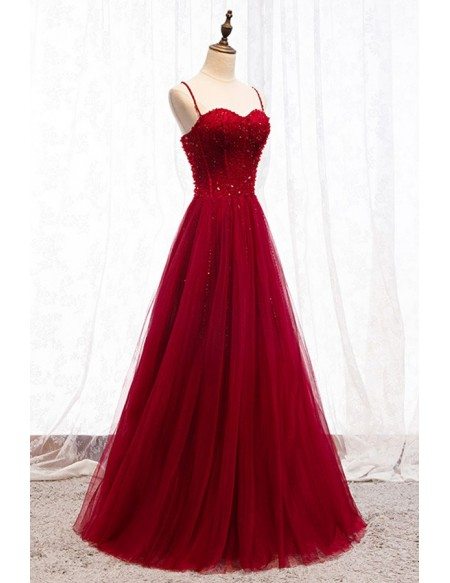 Burgundy Slim Long Tulle Formal Dress With Straps