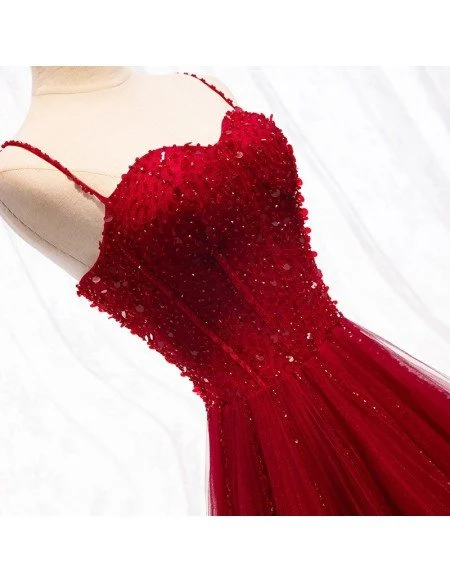 Burgundy Slim Long Tulle Formal Dress With Straps