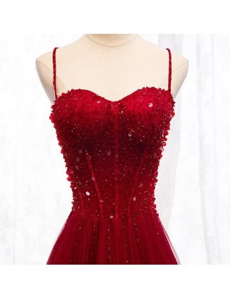 Burgundy Slim Long Tulle Formal Dress With Straps