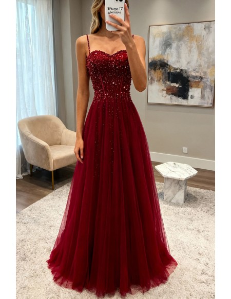 Burgundy Slim Long Tulle Formal Dress With Straps