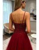 Burgundy Slim Long Tulle Formal Dress With Straps