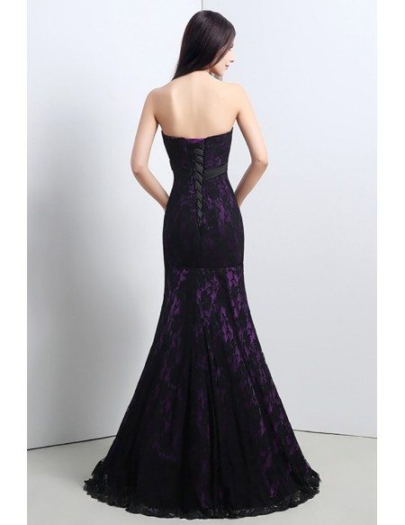 Strapless Trumpet Fitted Formal Dress All Lace Black And Purple