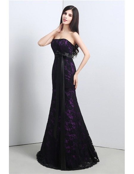 Strapless Trumpet Fitted Formal Dress All Lace Black And Purple