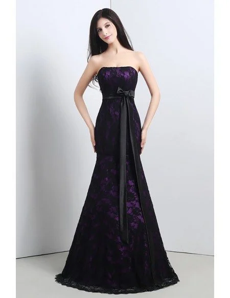 Strapless Trumpet Fitted Formal Dress All Lace Black And Purple