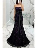 Strapless Trumpet Fitted Formal Dress All Lace Black And Purple