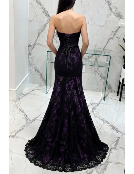 Strapless Trumpet Fitted Formal Dress All Lace Black And Purple