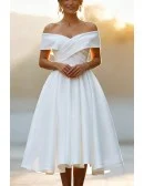 Chic White Off Shoulder Tea Length Wedding Dress With Satin And A-Line Skirt