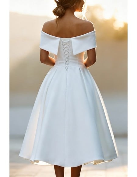 Chic White Off Shoulder Tea Length Wedding Dress With Satin And A-Line Skirt