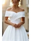 Chic White Off Shoulder Tea Length Wedding Dress With Satin And A-Line Skirt