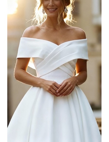 Chic White Off Shoulder Tea Length Wedding Dress With Satin And A-Line Skirt