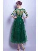 Modest Green Sleeves Tea Length Lace Prom Dress With Sheer Back