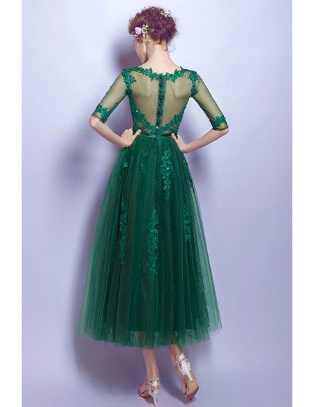 Modest Green Sleeves Tea Length Lace Prom Dress With Sheer Back