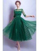 Modest Green Sleeves Tea Length Lace Prom Dress With Sheer Back