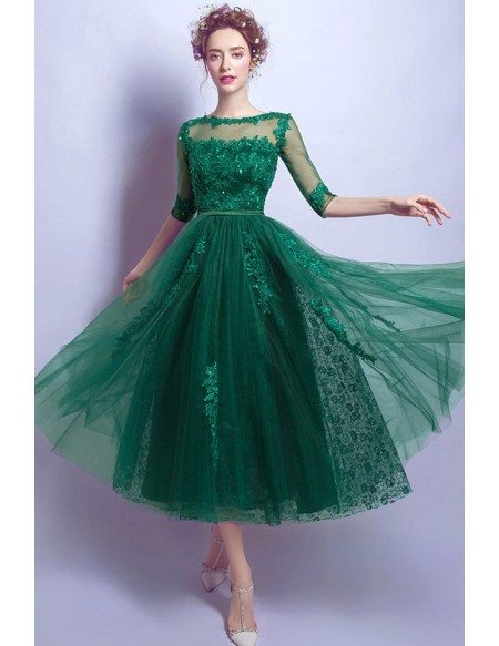 Modest Green Sleeves Tea Length Lace Prom Dress With Sheer Back