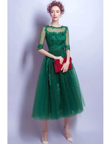 Modest Green Sleeves Tea Length Lace Prom Dress With Sheer Back
