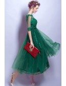 Modest Green Sleeves Tea Length Lace Prom Dress With Sheer Back