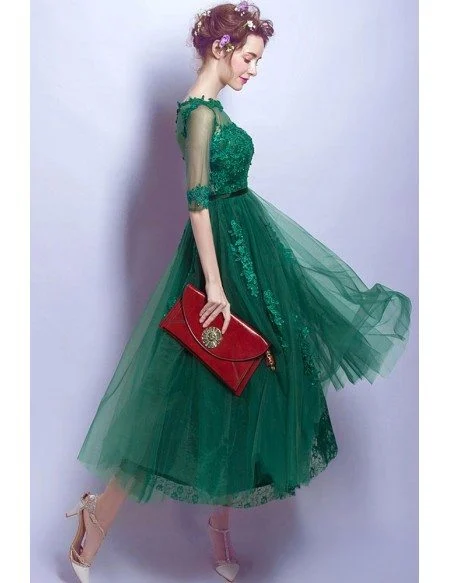 Modest Green Sleeves Tea Length Lace Prom Dress With Sheer Back