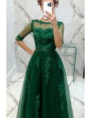 Modest Green Sleeves Tea Length Lace Prom Dress With Sheer Back