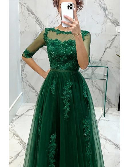 Modest Green Sleeves Tea Length Lace Prom Dress With Sheer Back