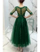 Modest Green Sleeves Tea Length Lace Prom Dress With Sheer Back