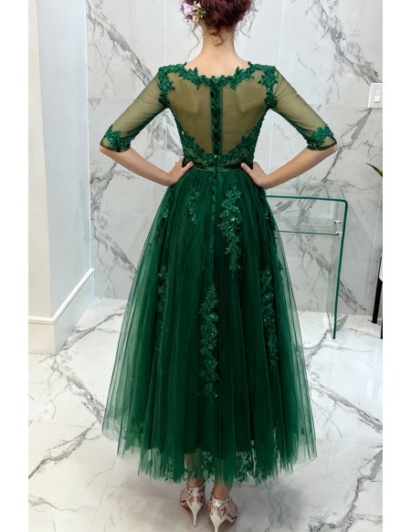 Modest Green Sleeves Tea Length Lace Prom Dress With Sheer Back