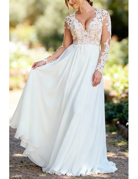 Graceful Ivory Lace Wedding Gown Featuring Sheer Sleeves And Open Back Design