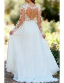 Graceful Ivory Lace Wedding Gown Featuring Sheer Sleeves And Open Back Design