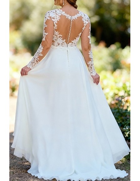 Graceful Ivory Lace Wedding Gown Featuring Sheer Sleeves And Open Back Design