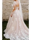 Plus Size Illusion Long Sleeved Wedding Dress Featuring Tiered Skirt