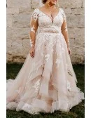 Plus Size Illusion Long Sleeved Wedding Dress Featuring Tiered Skirt