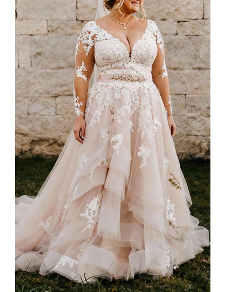 Plus Size Illusion Long Sleeved Wedding Dress Featuring Tiered Skirt