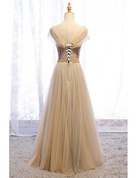 Luxe Champagne Tulle Flowy Gold Prom Dress With Beading