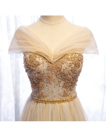 Luxe Champagne Tulle Flowy Gold Prom Dress With Beading