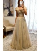 Luxe Champagne Tulle Flowy Gold Prom Dress With Beading