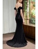 Sparkling Black Sequin Off Shoulder Party Dress with Ruched Design and Mermaid Cut