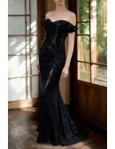 Sparkling Black Sequin Off Shoulder Party Dress with Ruched Design and Mermaid Cut