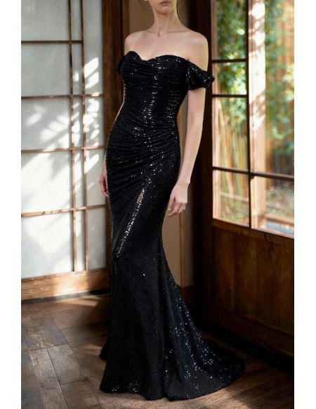 Sparkling Black Sequin Off Shoulder Party Dress with Ruched Design and Mermaid Cut
