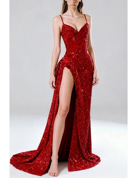 Gorgeous Shiny Sequined Spaghetti Straps Red Mermaid Prom Dress With Slit and Train