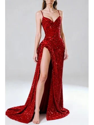 Gorgeous Shiny Sequined Spaghetti Straps Red Mermaid Prom Dress With Slit and Train
