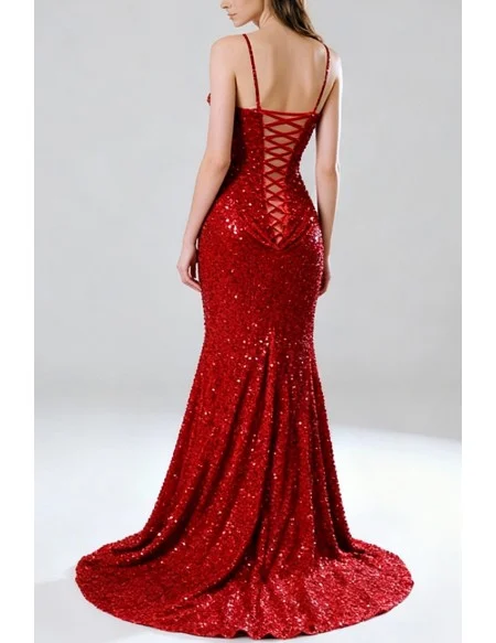 Gorgeous Shiny Sequined Spaghetti Straps Red Mermaid Prom Dress With Slit and Train