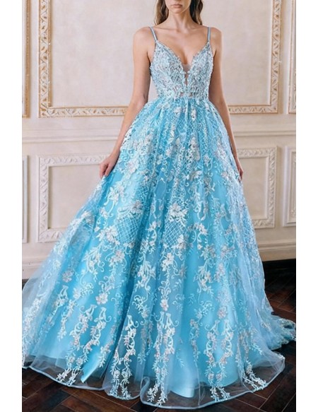 Unique Ethereal Aqua Blue Lace Prom Gown Featuring Plunge Neck and Floral Embroidery