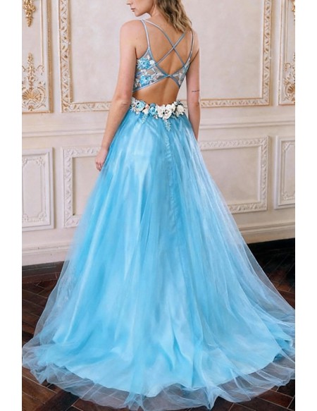 Unique Ethereal Aqua Blue Lace Prom Gown Featuring Plunge Neck and Floral Embroidery